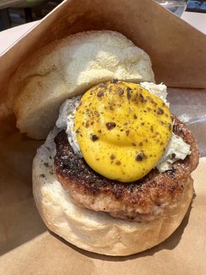 Fake egg burger tamago burger  at The Nuts Exchange in Tokyo