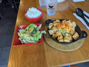 Tofu stir-fry with salad and steamed rice. Yummy! at Maru Ramen in Ithaca