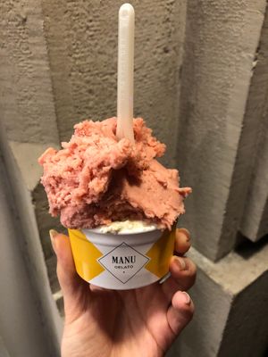 Almond-pistachio gelato and strawberry sorbet at MANU in Geneva