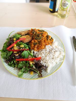 Lentil Dhal with rice and salad at Fava Mercearia Café in Lagos