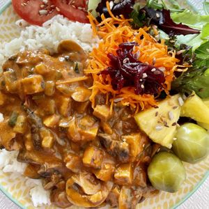 Strogonoff de cogumelos e salada #Veganuary at Fava Mercearia Café in Lagos