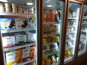 in the freezer: pizza, cheesecake, icecream, also products from our beloved Yerba!!!
 at Vegish Eat Lekker - Vegan Deli Shop in Amsterdam