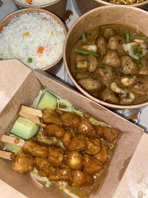 ‘Chicken’ Skewers, rainbow rice, cheungs curry at Cheungs Vegan Kitchen in Bristol