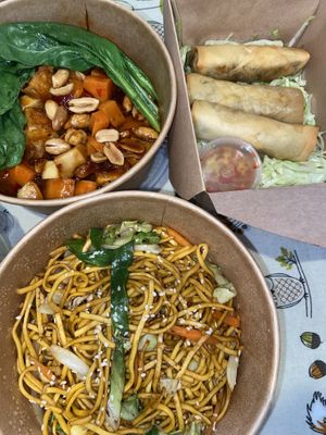 Kung po tofu, spring rolls, chow mein at Cheungs Vegan Kitchen in Bristol