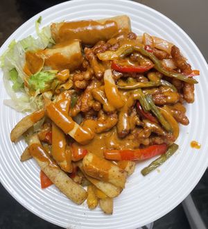 Crispy chilli beef with the same sides as previous picture  < -   at Cheungs Vegan Kitchen in Bristol