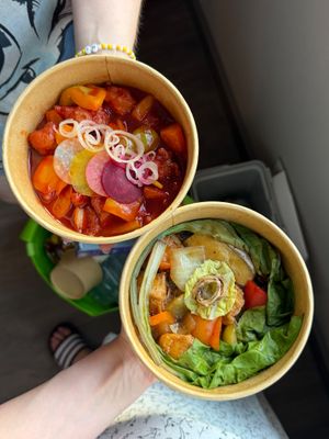 Premium Sweet and Sour Vegan Chicken (left) and Premium Tofu in Black Bean Sauce (right) at Cheungs Vegan Kitchen in Bristol