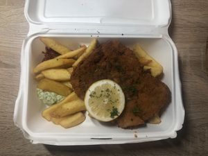 Schnitzel with fries at Max Pett in Munich