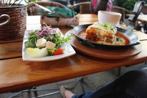 lasagna and salad at Max Pett in Munich