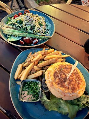 Garden salad and  burger  at Max Pett in Munich
