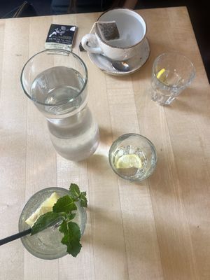 Order of Drinks - Still Table Water, Tea, and Elderflower Spritzer   at Max Pett in Munich