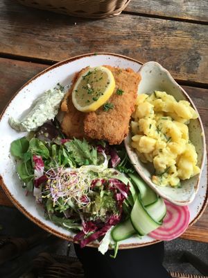 Wiener Schnitzel and potato salad at Max Pett in Munich