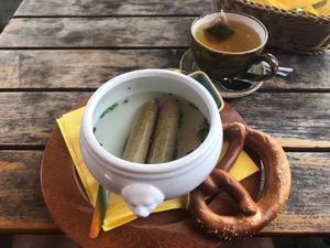 Possibly not the best meal on the menu... we were confused when the two white sausages appeared in their skins in a bowl of boiling water.  at Max Pett in Munich