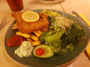 Vegan Schnitzel With French Fries at Max Pett in Munich