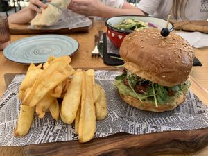 Vegan burger with chips   at Burger Gin Bar VERANDA in Tucepi