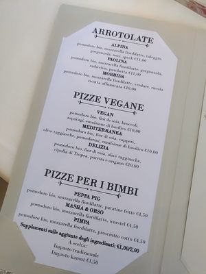 Page of the menu with vegan pizza at Pepe Rosa in San Dona Di Piave