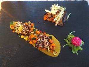 Vegan starter (sesame tofu and filled eggplant) at Pepe Rosa in San Dona Di Piave