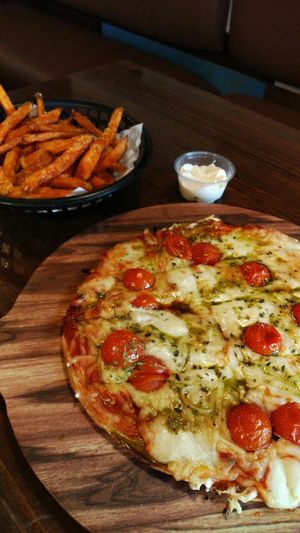 Vegan pesto pizza, delicious! at Mary's Place Dinner in Dos Hermanas
