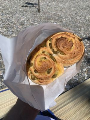 Vegan cheese-roll with olives (ask for posen kashkaval) at Pekara Lihnida in Ohrid