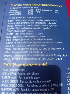 Vegan options on the regular menu at Taj Mahal Tandoori in Almunecar