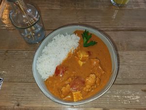 Butter Paneer Curry with white rice at Klara's Kitchen - Cafe & Restaurant in Zurich