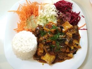 Sea of Wonder? A dish with algae, as served in October 2018. at Loving Hut - Nowolipie in Warsaw