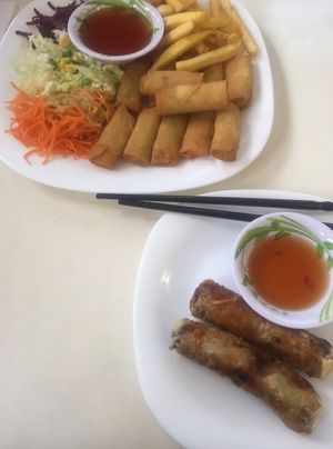 spring rolls salad and fries at Loving Hut - Nowolipie in Warsaw