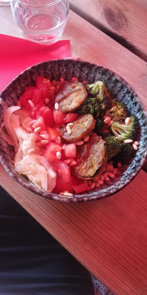 The Buddha bowl can be made vegan on request! Fried aubergines were amazingly good. at L'Alerte Rouge in Lyon