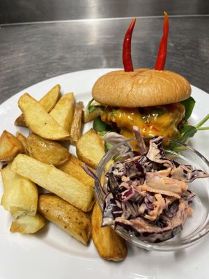 Seitan’s Hell Burger #Veganuary at The Queen Inn in Cwmbran