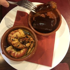 Garlic and chili shrimp (amazing!) and sticky ribs at The Queen Inn in Cwmbran