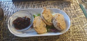 Starter: Mushroom pate served on crostini with onion chutney at The Queen Inn in Cwmbran