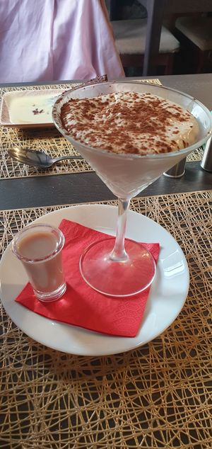 Dessert: Tiramisu with a shot of chocolate Dirty Cow (plant based cream liqueur) at The Queen Inn in Cwmbran