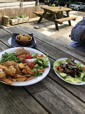 Hunters chicken, breaded Camembert and crispy chilli beef   at The Queen Inn in Cwmbran