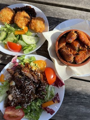 Crispy chilli “beef”, buffalo “wings” and “Camembert” wedges  at The Queen Inn in Cwmbran