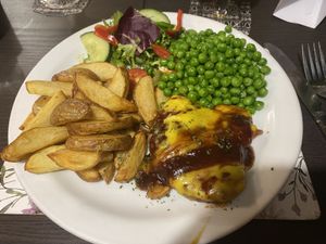 Hunter’s chicken and chips  at The Queen Inn in Cwmbran