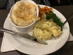 Chicken and leek pie and mash  at The Queen Inn in Cwmbran