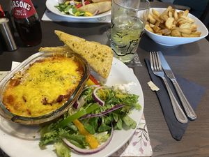 Lasagna, garlic bread and chips  at The Queen Inn in Cwmbran