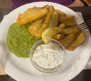 Tofish, chips and mushy peas with superb homemade tartare sauce. at The Queen Inn in Cwmbran