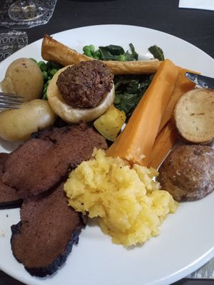 Seitan roast beef Sunday lunch. Photo without gravy or horseradish, which were added. at The Queen Inn in Cwmbran