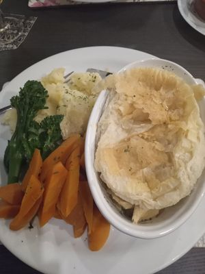 Chicken, leek and bacon pie. at The Queen Inn in Cwmbran