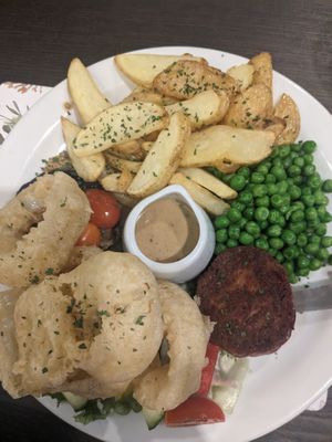 Gluten free and vegan ste*k and chips with peppercorn sauce at The Queen Inn in Cwmbran