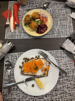 vegan camembert bites and vegan smoked salmon and creme cheese for starters  at The Queen Inn in Cwmbran