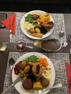 Beautiful roasts! One vegan turkey and one maple glazed juicy marbles fillet😍😍😮‍💨  at The Queen Inn in Cwmbran