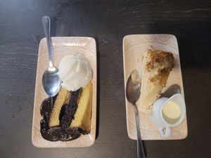 Jaffa Orange Fudge Cake with Ice Cream and Biscoff Cheesecake with Cream #Veganuary at The Queen Inn in Cwmbran