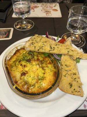 Lasange and garlic bread   at The Queen Inn in Cwmbran