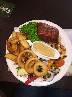 Redefined meat steak with Diane sauce. at The Queen Inn in Cwmbran