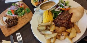 Chicken and Rib combo (with a side order of peppercorn sauce) + Lamb kofta at The Queen Inn in Cwmbran