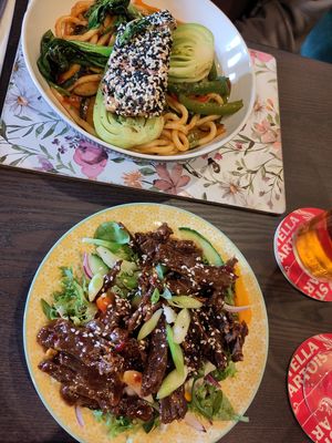 Sesame coated salmon with udon noodles + Crispy Chilli Beef at The Queen Inn in Cwmbran