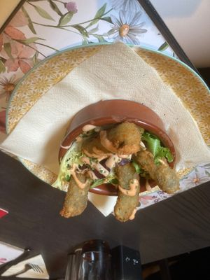 Breaded gherkins with thousand island dressing  at The Queen Inn in Cwmbran