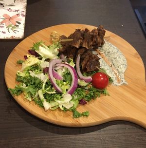 L*mb Kebab with tzatziki.   at The Queen Inn in Cwmbran