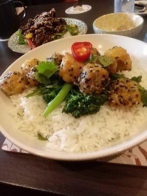 Lemon and Pepper Tofu with Rice ce and Tenderstem Broccoli  at The Queen Inn in Cwmbran